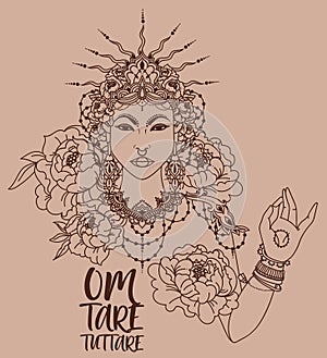 Poster with buddhist mantra `om tare tuttare` and beautiful female goddess