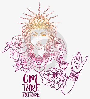 Poster with buddhist mantra `om tare tuttare` and beautiful female goddess