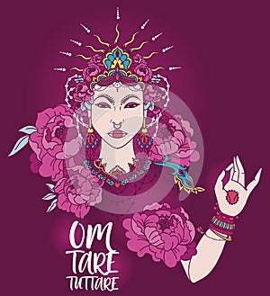 Poster with buddhist mantra `om tare tuttare` and beautiful female goddess photo