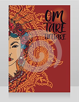 Poster with buddhist mantra `om tare tuttare` and beautiful female goddess Tara