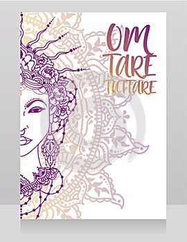 Poster with buddhist mantra `om tare tuttare` and beautiful female goddess Tara