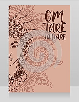Poster with buddhist mantra `om tare tuttare` and beautiful female goddess Tara
