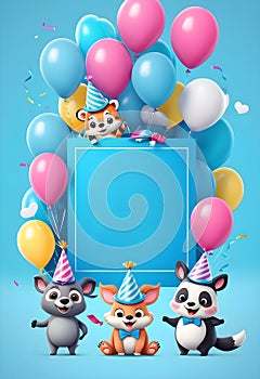 a poster with a bunch of balloons and an empty box of card for text with cute animals arround it