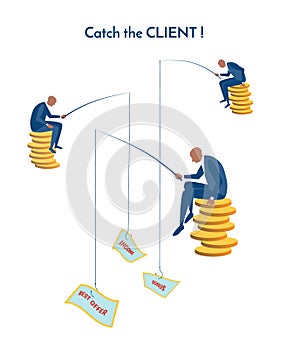 Poster with businessmen sitting on coins and catching clients