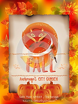 Poster or card with cute red fox pup, autumn leaves, pumpkin, lettering. Vector illustration in cartoon style.