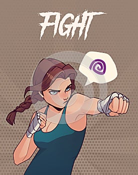 Poster, card or t-shirt print with angry boxing girl with boxing bandages. Anime style illustration photo