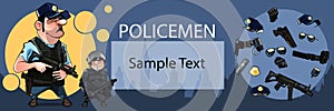 Poster card with two cartoon armed policemen with objects and space for text