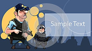 Poster card with two cartoon armed policemen and space for text