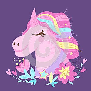 Poster or card with unicorn fancy image and flowers, flat vector illustration