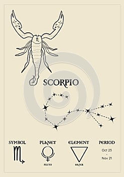 Poster, card with the zodiacal sign of scorpio, constellations, control planet, period and element