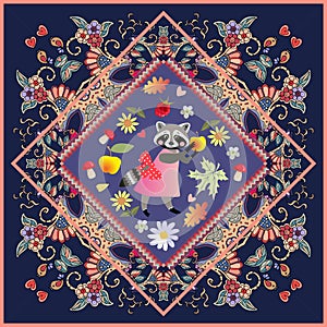 Poster or carpet with cute cartoon animal on beautiful ornament. Raccoon - girl on pink dress with bow and yellow apple.