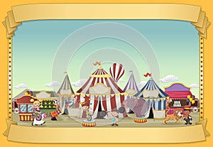 Poster with cartoon characters and animals in front of retro circus.