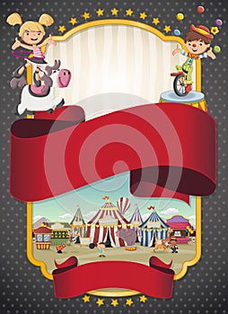 Poster with cartoon characters and animals in front of retro circus.