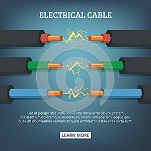 Poster with cartoon illustration of electrical cable wires with different amperage. Vector background concept