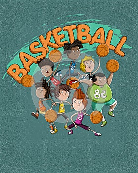 Poster with cartoon kids playing basketball.