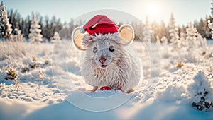 poster cartoon mouse tradition season new adorable wearing happy Santa hat background snow animal christmas funny