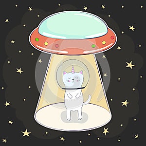 Poster cartoon, ufo kidnap of cat baby.