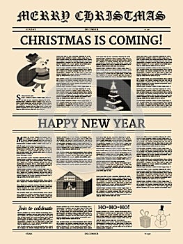 Poster Christmas newspaper old paper retro style. Greering Merrry Christmas and Happy new Year. Vector illustration