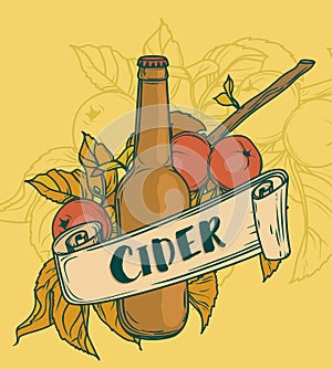 Poster for cider season with beautiful branch of apple tree and bottle of cider