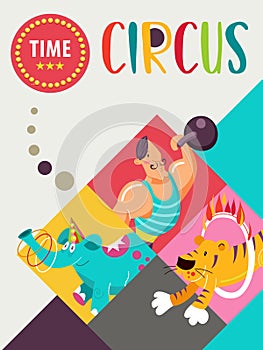 Poster of a circus show. Vector illustration. Circus artists and trained animals.