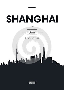 Poster city skyline Shanghai, Flat style vector illustration