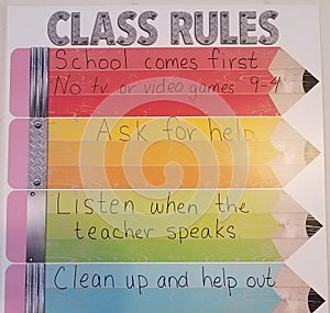 Poster of class rules on wall with pencils