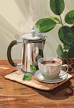 Poster with coffee pot and cup with hot drink
