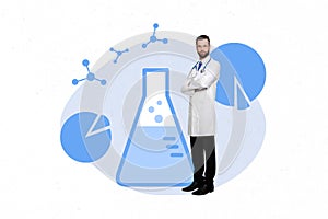 Poster collage of confident lab worker biologist stand on painted flask background health care experiment research