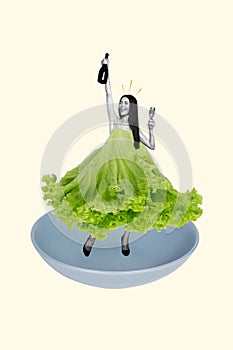 Poster collage image picture of funky girl wear lettuce dress raise wine celebrate festive occasion with vegan diet