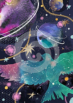 Poster collage with watercolor, golden and graphic elements. Space, bird, stars and planets