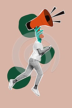 Poster collage of weird person with bullhorn face use gadget announce attention web bargains isolated painted background