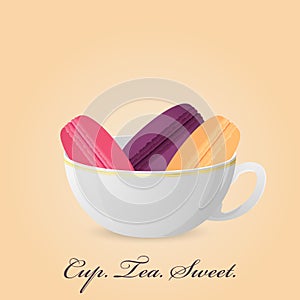 Poster with color french macaroons inside cup.