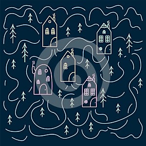 A poster with colored tiny houses. Beautiful linear background of the house in the doodle circle. Vector Cute houses in