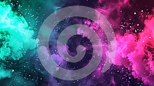 A poster with colorful powder explosions and splashes of pink and green paint on black background. Modern banner with