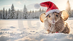 poster concept mouse tradition season new adorable wearing happy Santa hat background snow animal christmas funny