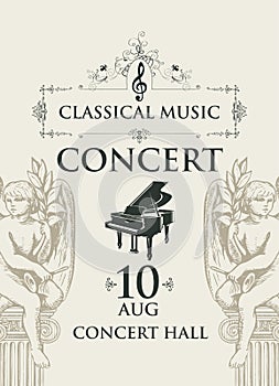 Poster for concert classical music with angels and grand piano