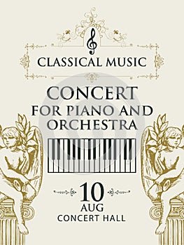 Poster for concert classical music with angels and piano keys