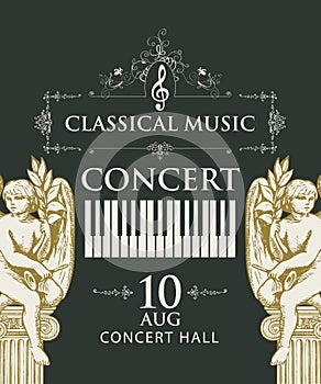 Poster for concert classical music with piano keys and angels