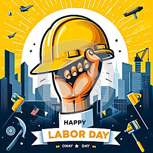 A poster for a construction worker holding a hard hat that says happy labor day