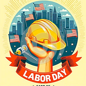 A poster for a construction worker holding a hard hat that says happy labor day