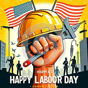 A poster for a construction worker holding a hard hat that says happy labor day