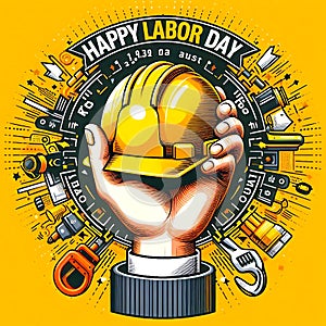 A poster for a construction worker holding a hard hat that says happy labor day