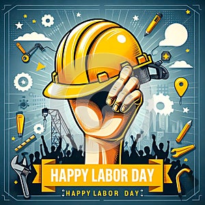 A poster for a construction worker holding a hard hat that says happy labor day