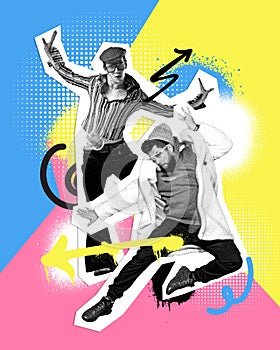 Poster. Contemporary art collage. Black and white male dancers modes in music rhythm against vibrant background. Trendy