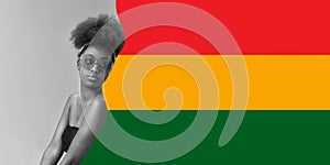 Poster. Contemporary art collage. Black and white portrait of young African-American woman in sunglasses with flag