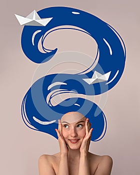 Poster. Contemporary art collage. Cheerful, funny lady with dreams in her long, drawn blue like river hair decorated