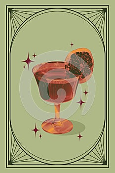 Poster. Contemporary art collage. Creative retro artwork. Perfect sweet and sour Cosmopolitan cocktail in retro color