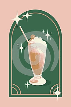 Poster. Contemporary art collage. Creative retro artwork. Sweet milkshake in retro color filter in frame decorated with