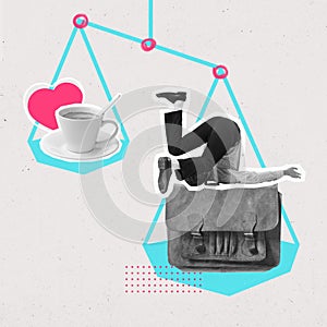 Poster. Contemporary art collage. Cup of coffee and heart and man upside down to briefcase on life balance scales.