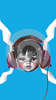 Poster. Contemporary art collage. Modern creative artwork. Head of baby-doll in vintage wired headphones isolated blue